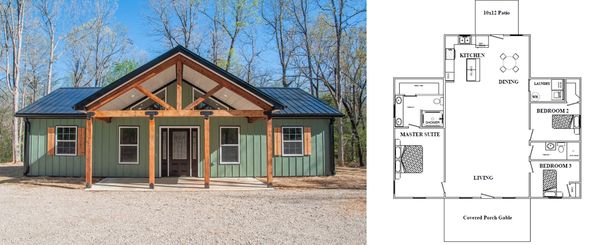 Cozy green cabin with a covered porch and floor plan showing three bedrooms and open living areas.