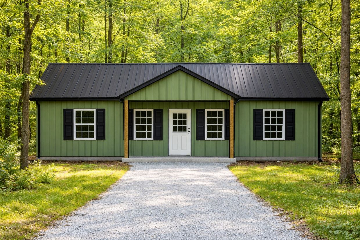 Green cabin with black roof surrounded by lush trees on a gravel driveway.