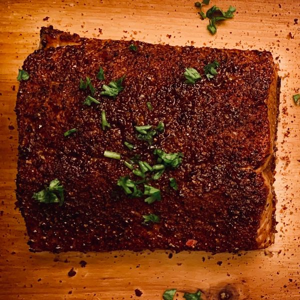 Grilled cedar plank salmon with hibiscus rub