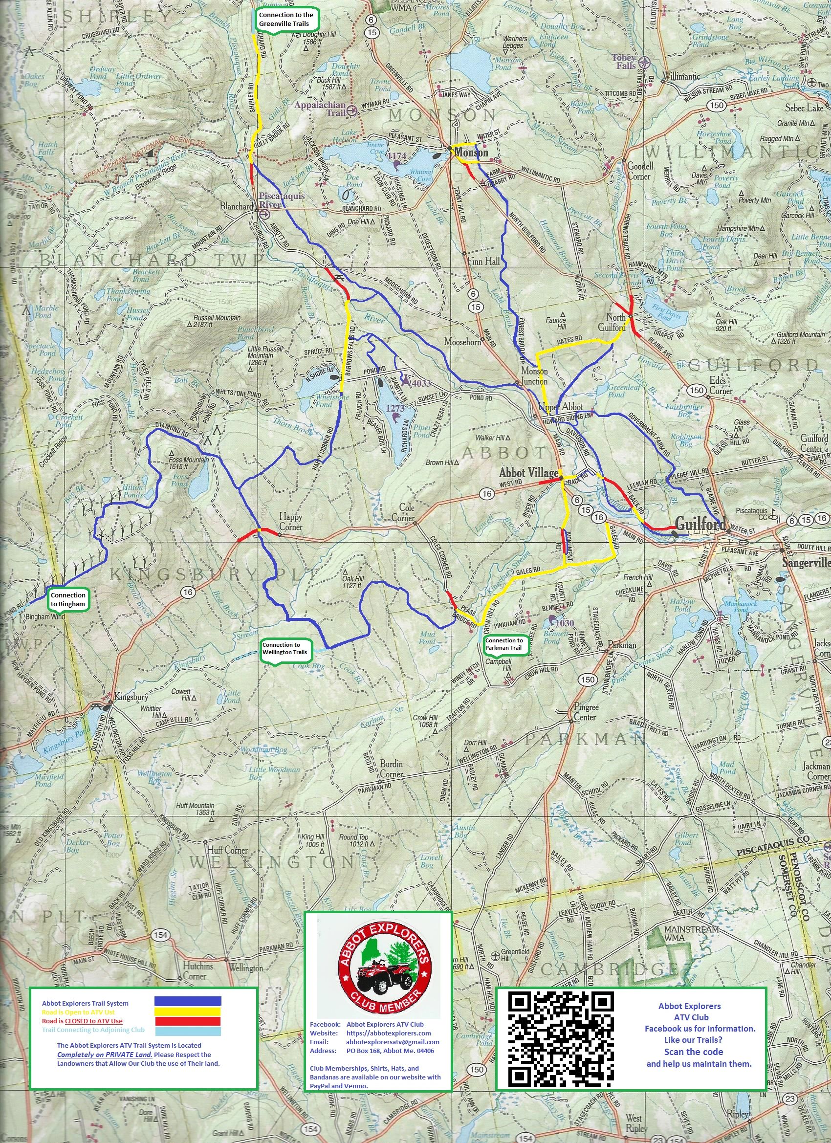 Map of Abbot Explorers ATV Trail System with trail statuses and connections.