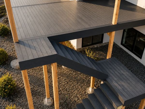 Modern outdoor staircase with gray decking and wooden supports.