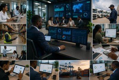 Collage of professionals managing logistics and data analysis in different settings.