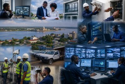 Professionals managing and monitoring security systems in various settings.