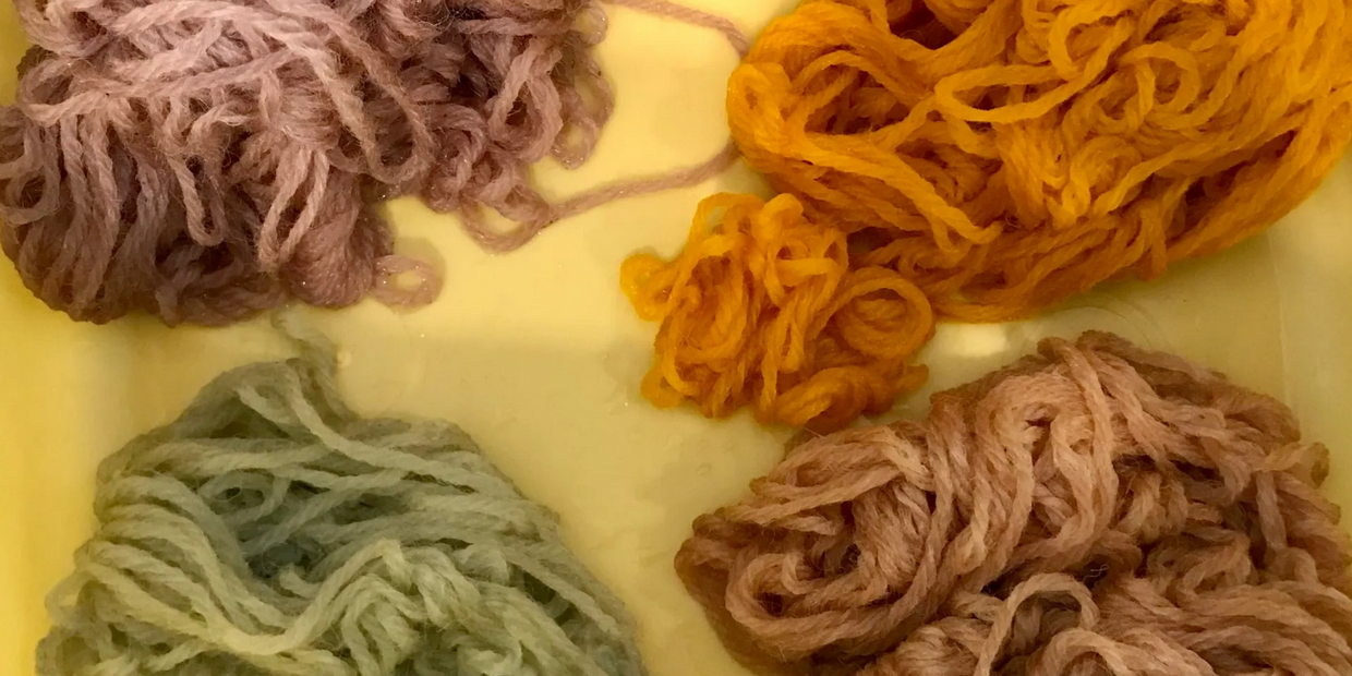 A sample of yarn we dyed together as a family using homemade fruit and vegetable dyes.