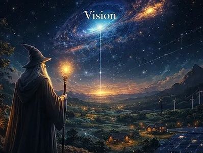 A figure overlooking a future city powered by resilient infrastructure, representing the long-term vision of using AI and large language models to support reliable, auditable systems for energy, cities, and essential services.