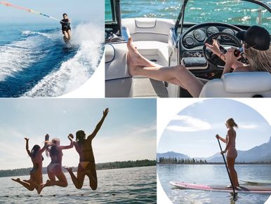 People enjoying various water sports and activities on a sunny day.