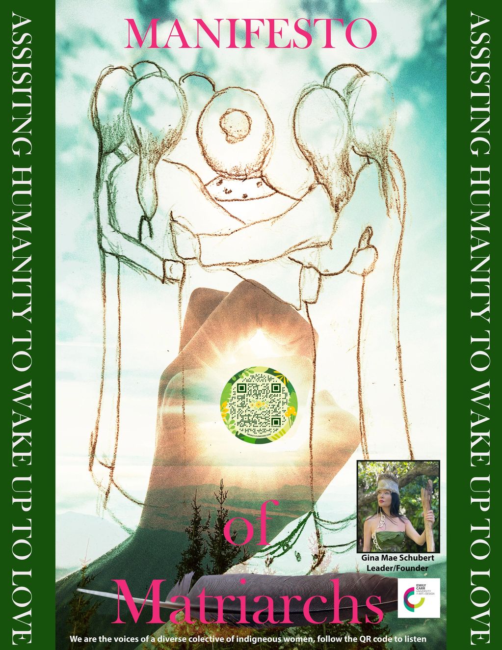 Manifesto of Matriarchs with a QR code and hands illustration.