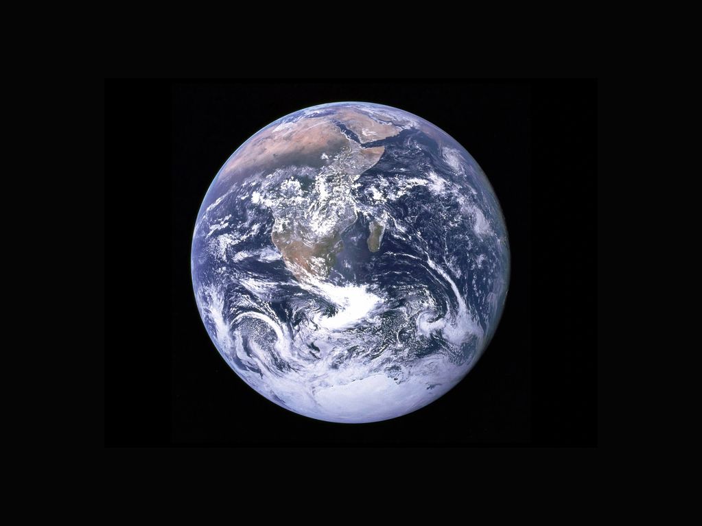 View of Earth from space showing Africa and surrounding oceans.