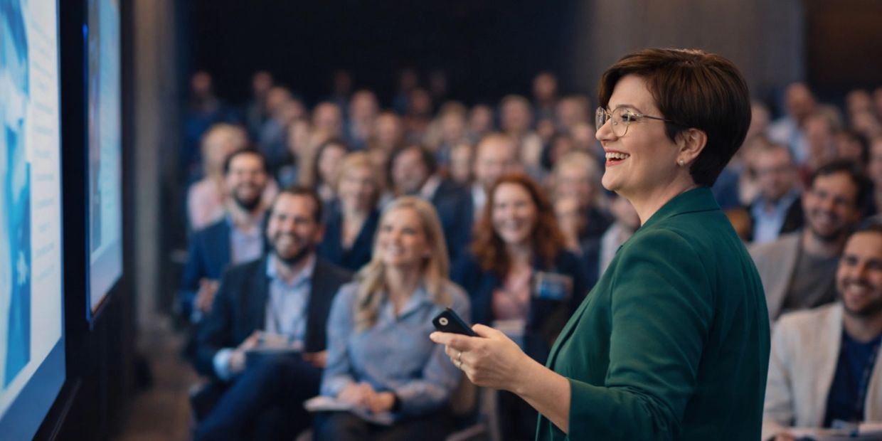 Theresa Lynn speaking on leadership and responsible AI adoption at a Canadian business event