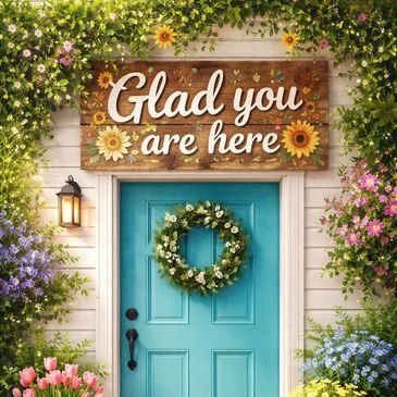 A welcoming front door with floral decorations and a sign saying 'Glad you are here'.