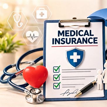 Medical insurance concept with clipboard, stethoscope, and heart model.