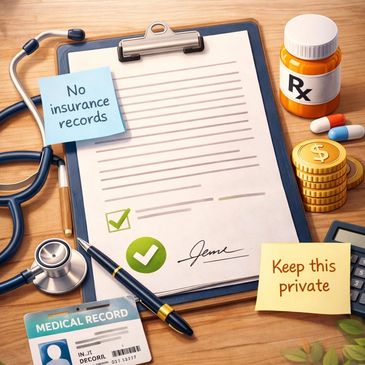A medical clipboard with notes, stethoscope, prescription bottle, and money coins.