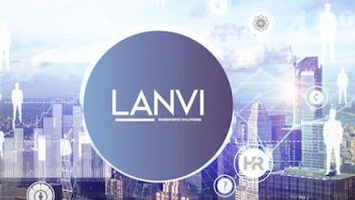 Logo von LANVI mit futuristischem Stadtbild im Hintergrund.