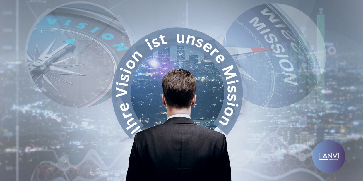 Geschäftsmann blickt auf Vision und Mission Kompass.
