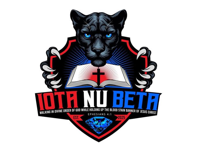 Black panther holding an open Bible with a cross and blue eyes.