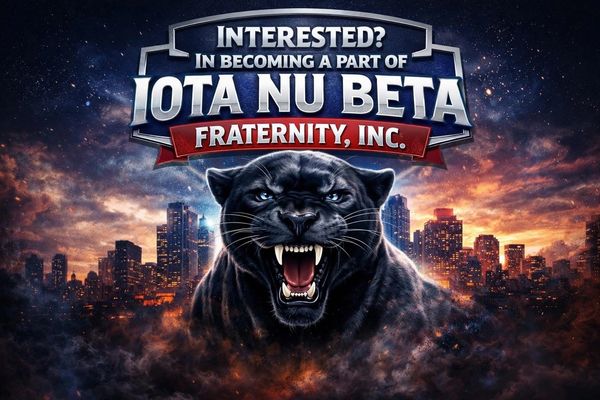 Fierce black panther with city skyline promotes Iota Nu Beta fraternity.