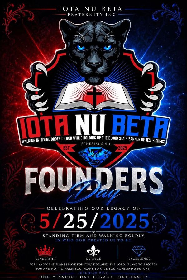 Iota Nu Beta Founders Day celebration poster with panther and religious symbols.