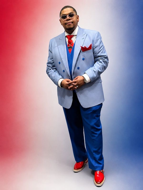 Man in stylish blue suit with red accents and shiny red shoes posing confidently.