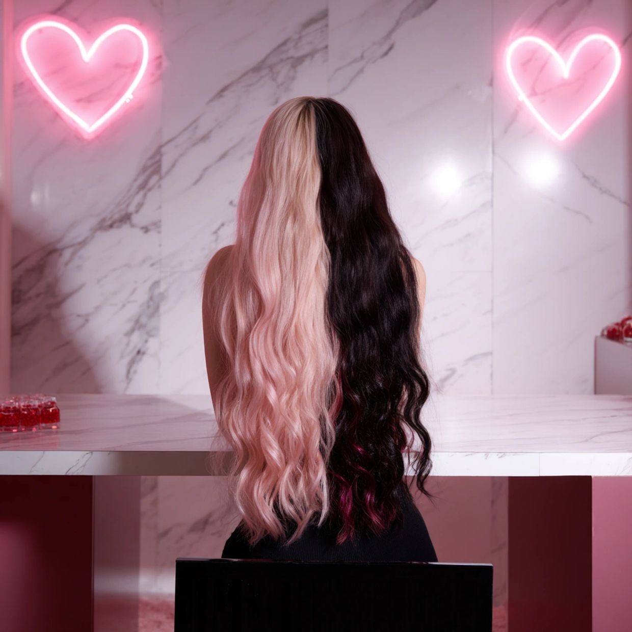 Person with half pink, half black long wavy hair sitting at a marble table.