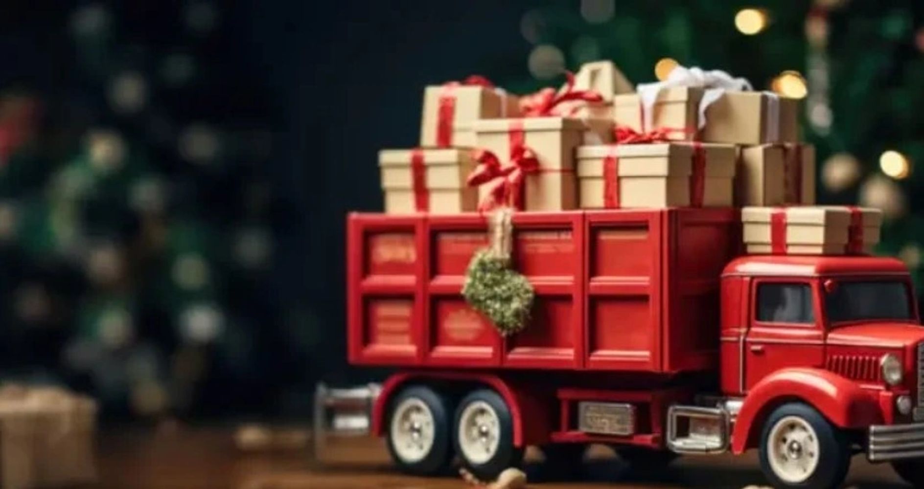 Red toy truck loaded with wrapped Christmas gifts and decorated with a wreath.