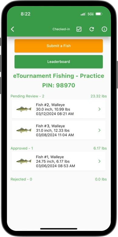 the submission status page in the etournament fishing app