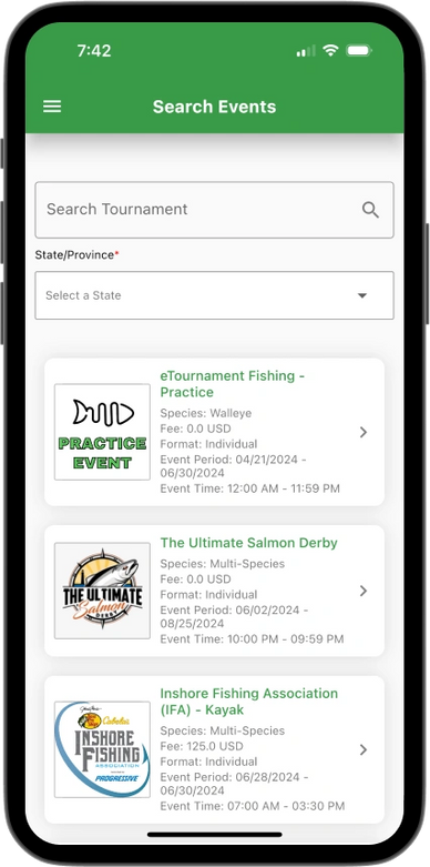 the search events screen in the etrounament fishing app