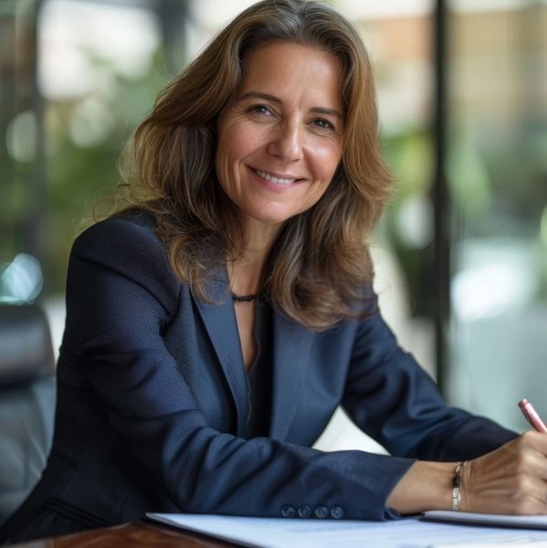 Confident professional woman smiling while writing at a desk.