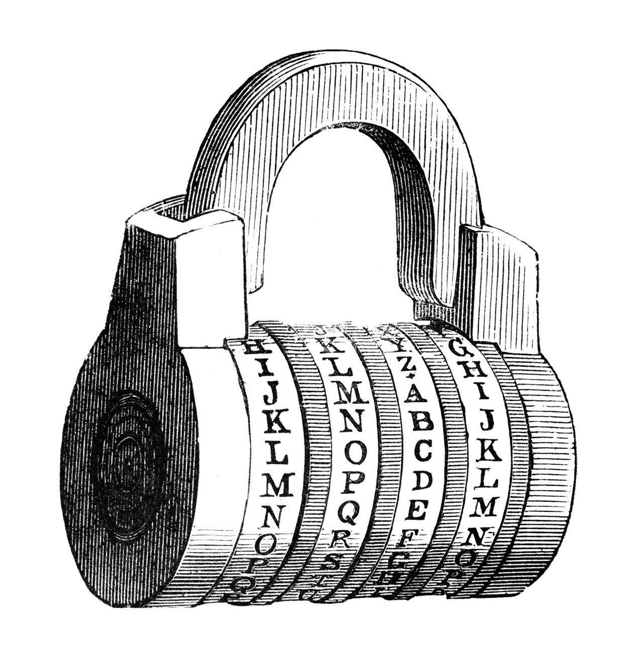 AdobeStock: A 19th century engraving of a letter puzzle combination lock, by antiqueimages
