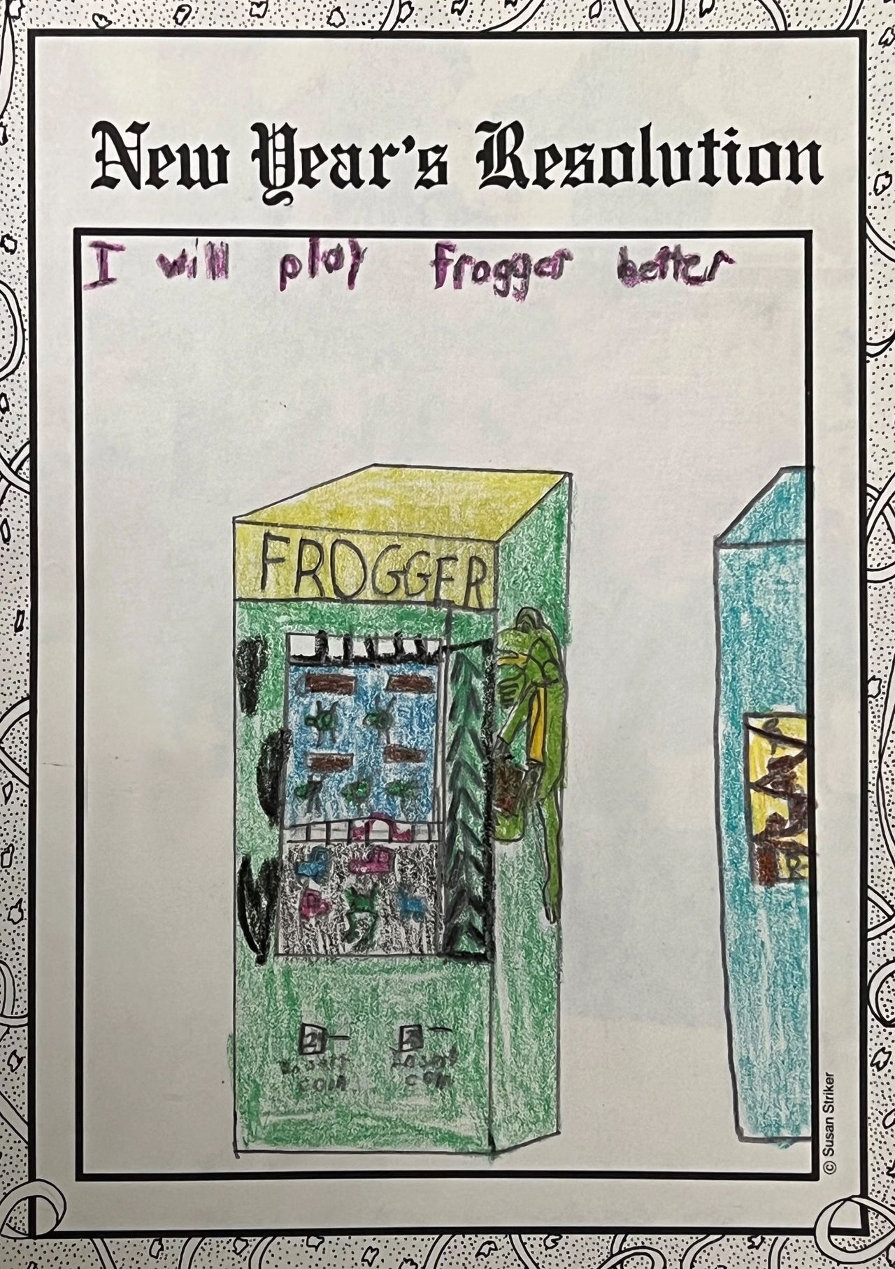 One of my early drawings, seemingly a goal to improve my skill at the video game Frogger (a topic that probably requires its own blog post)