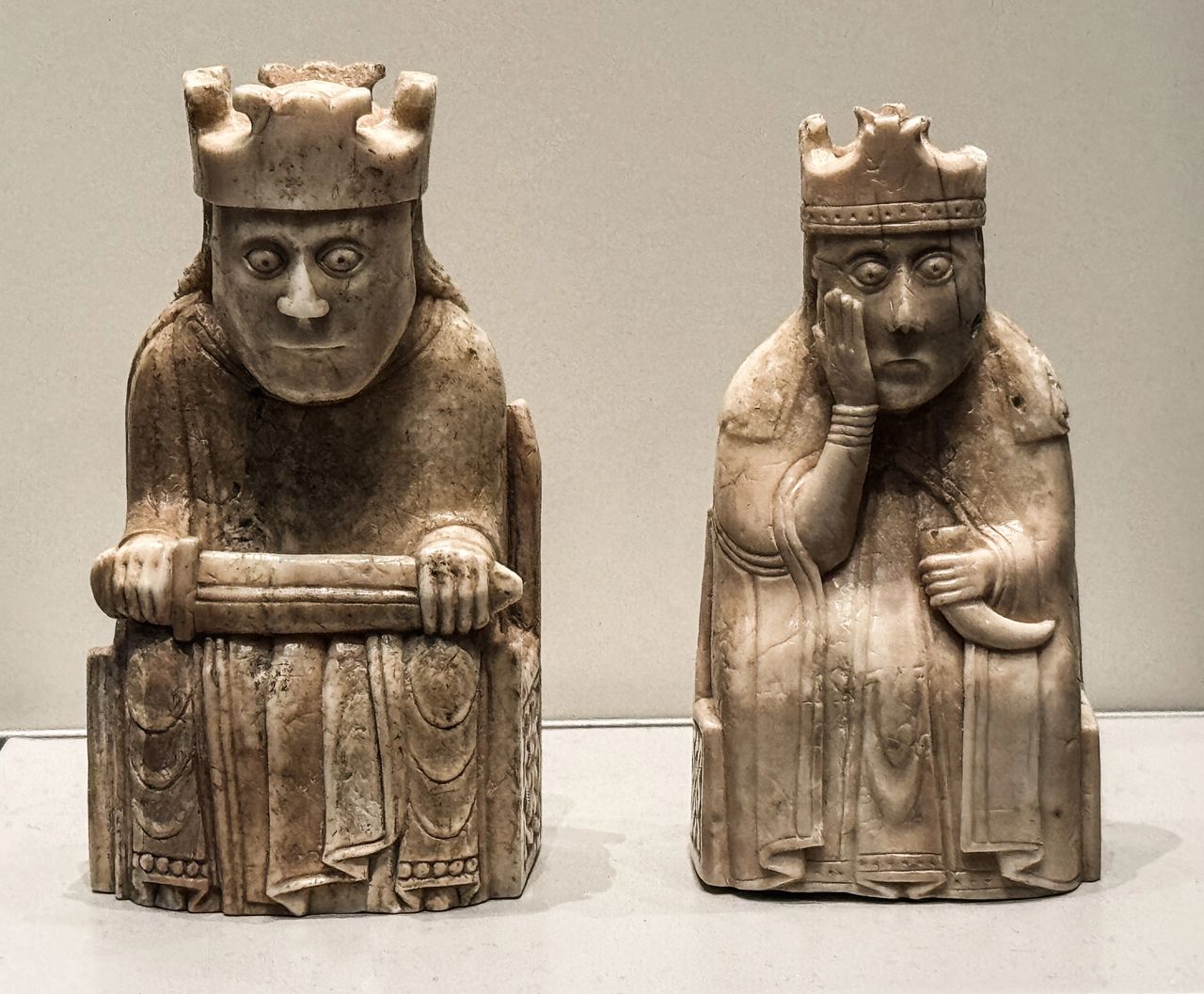 A king and somewhat bored queen: Detailed chess pieces of the Lewis Chess Set at the British Museum in London