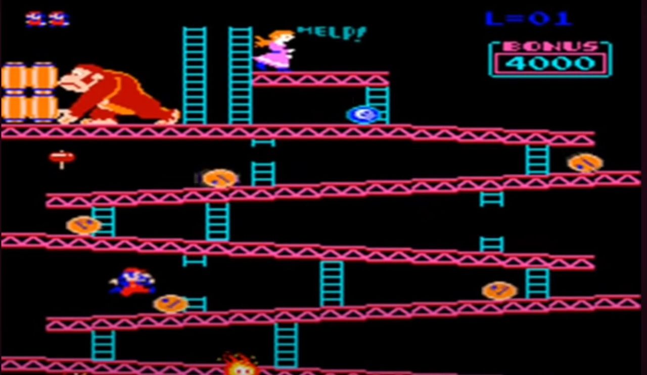 A screen shot of the first level of Donkey Kong, setting up the first video game boss fight that got harder with every level. 