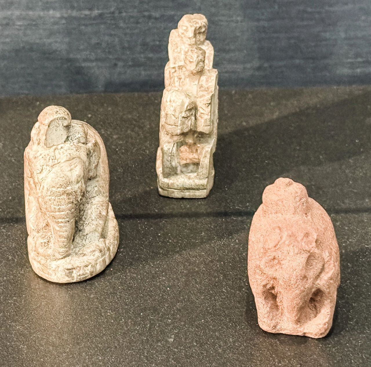 Early chess pieces at the British Museum, where the elephant was later represented by a bishop and chariot became a rook.