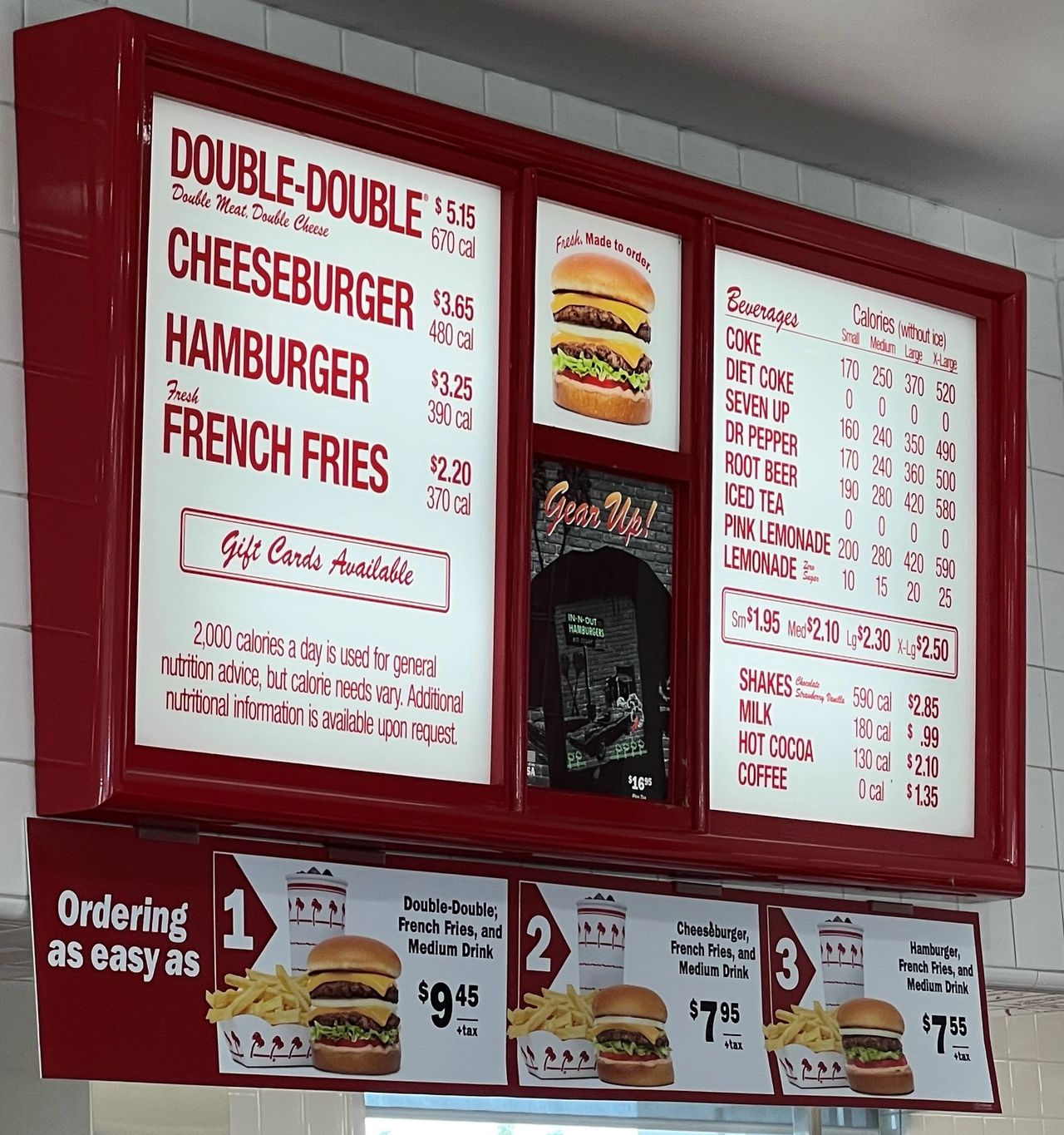 The posted menu at In-N-Out Burger