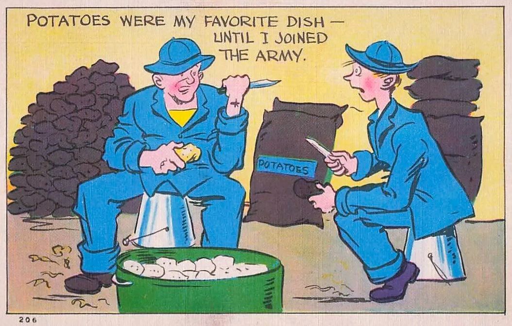  A WWII-era postcard about soldiers on KP duty peeling potatoes