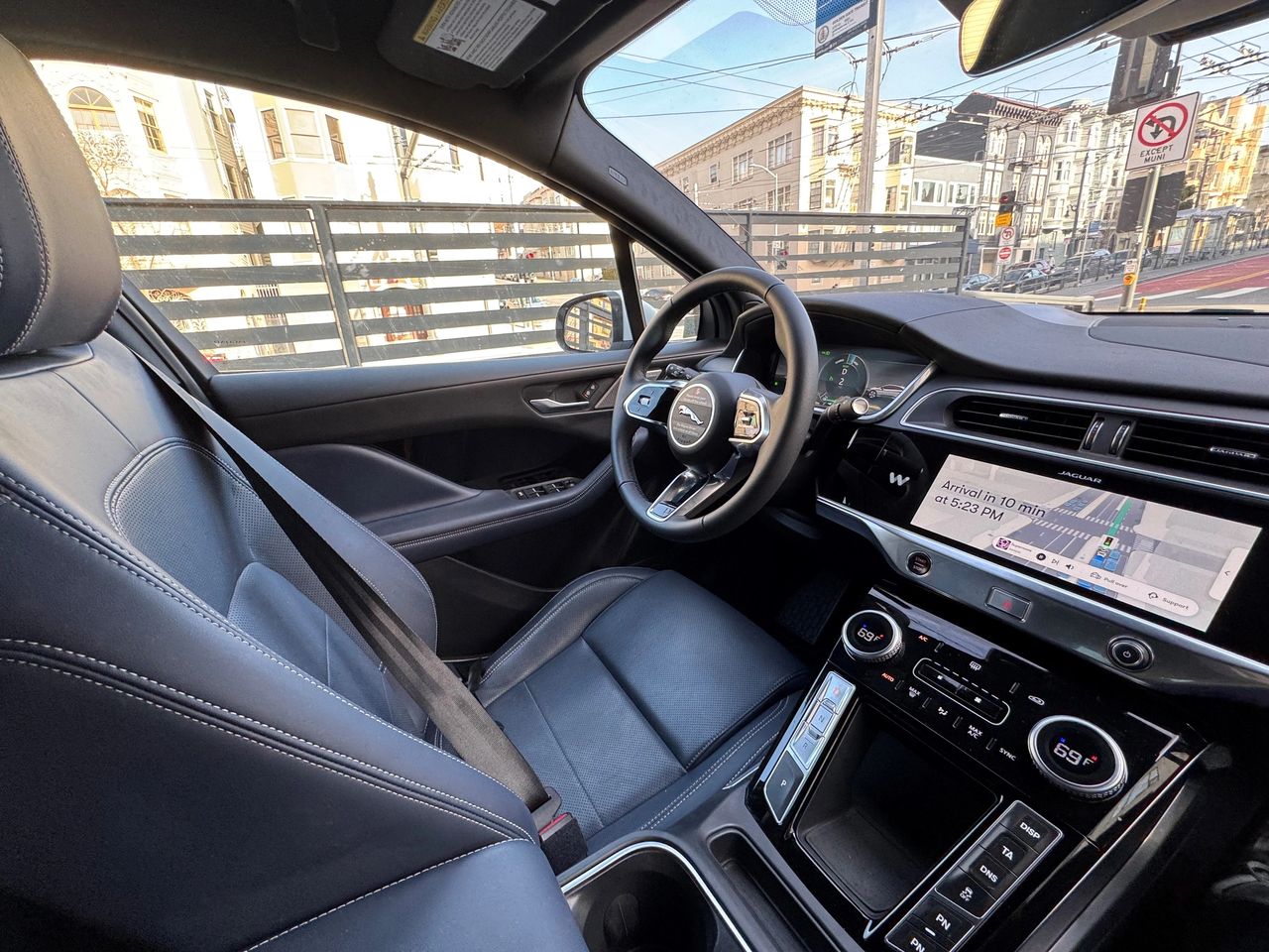 The inside of my first Waymo ride (it's driving in the shot) in March 2025