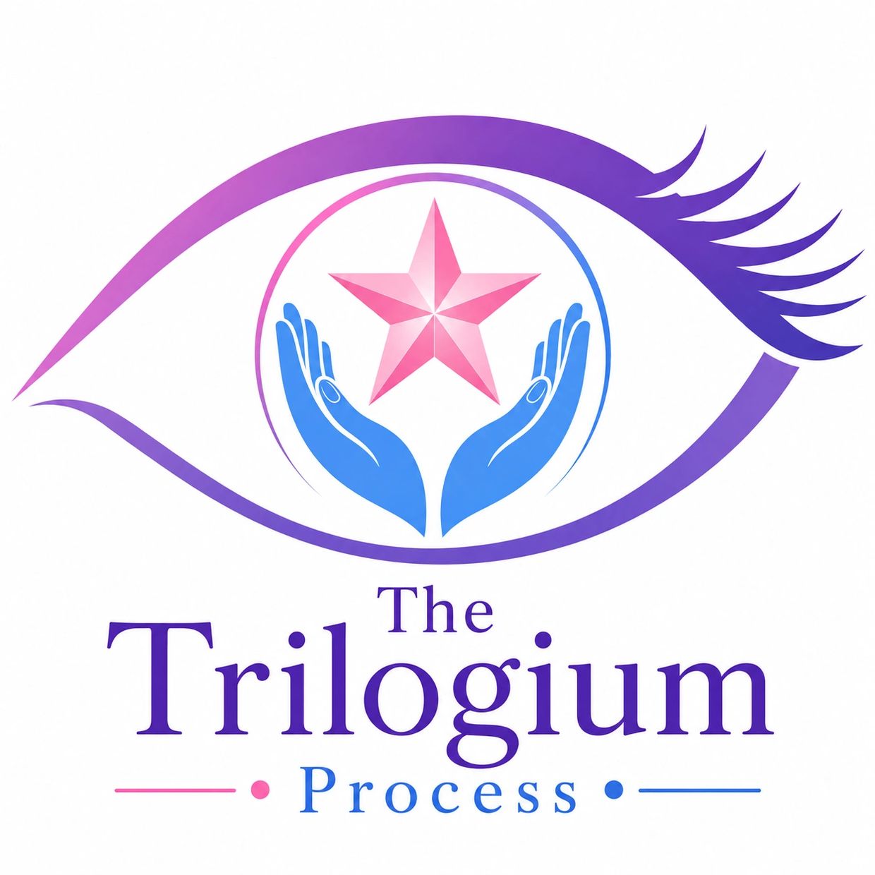 Logo of The Trilogium Process with eye, hands, and star.