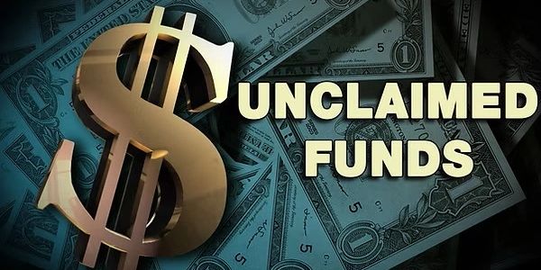 3D gold dollar sign with text 'Unclaimed Funds' over dollar bills background.