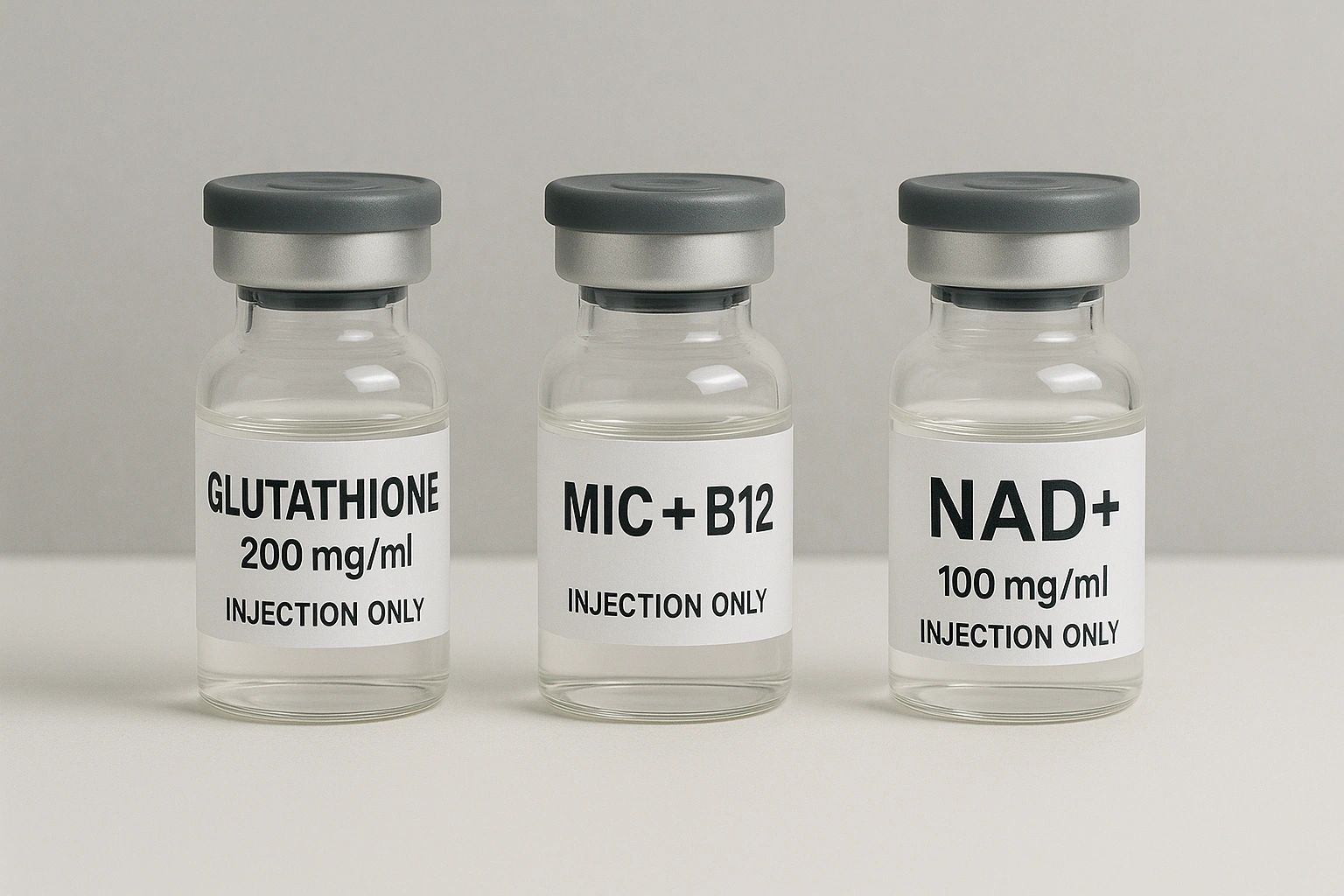 Three clear injection vials labeled Glutathione, MIC+B12, and NAD+ on a white surface.