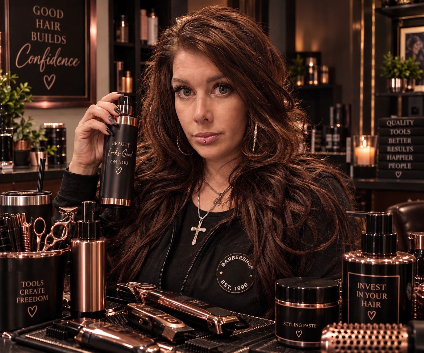 Woman in barbershop holding hair product bottle.