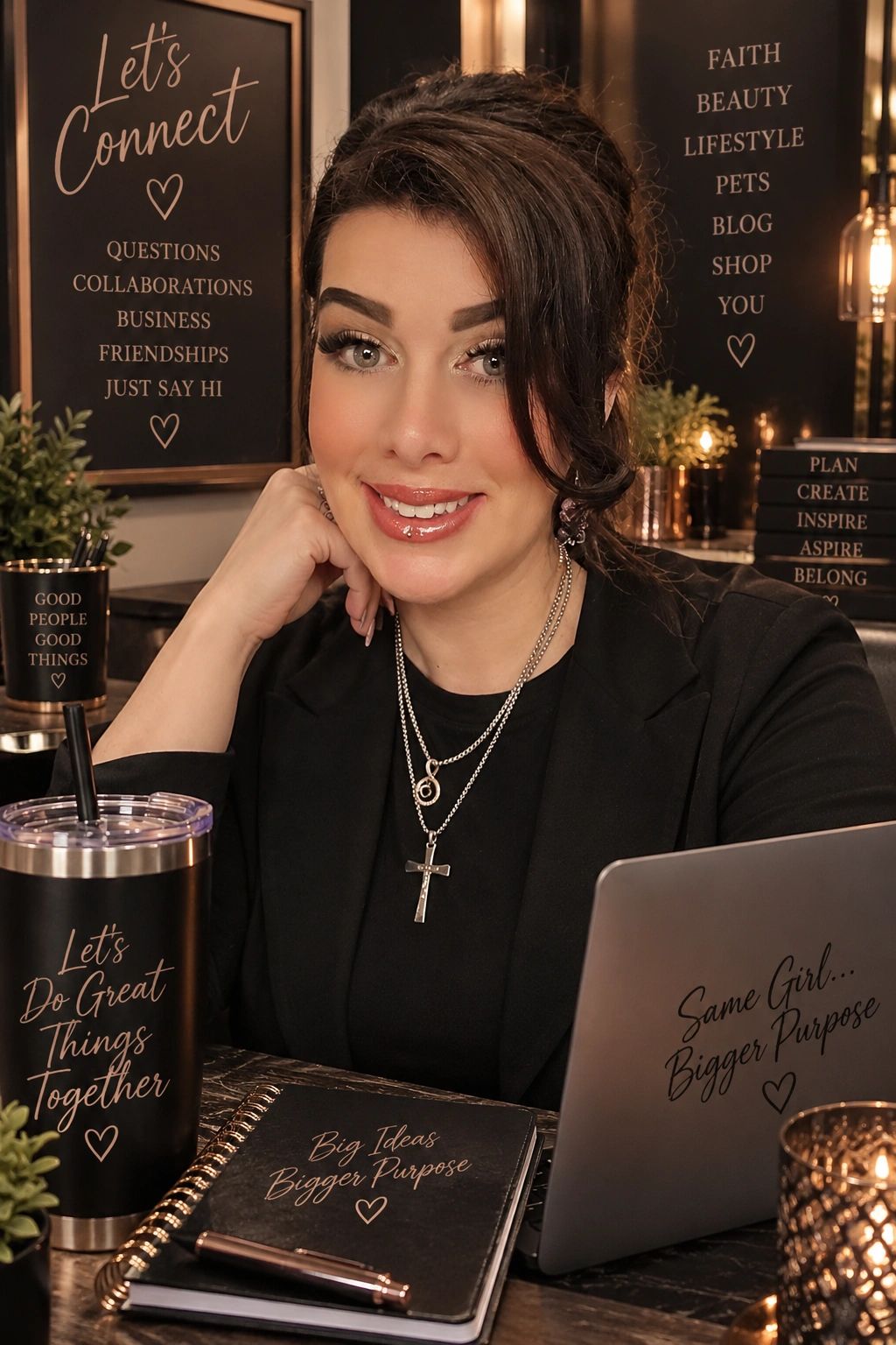 Confident woman at workspace with motivational quotes.