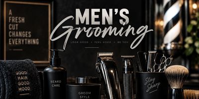 Men's grooming products and tools on display.