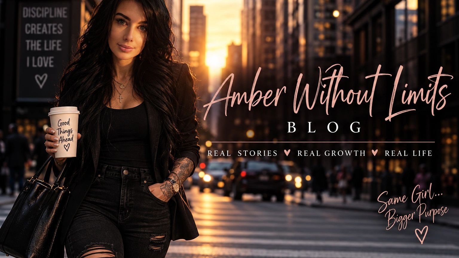 Woman holding coffee cup with inspiring blog text in urban sunset.