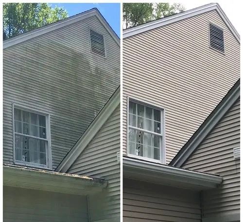 A before and after image showing the great results of a soft wash completed in Gwinnett County.