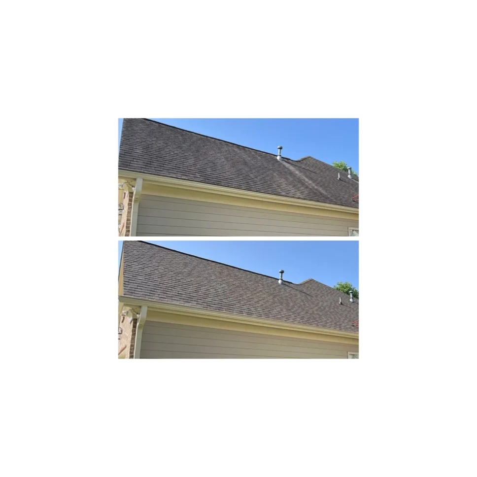 Roof wash before and after of a job completed in Braselton, GA.