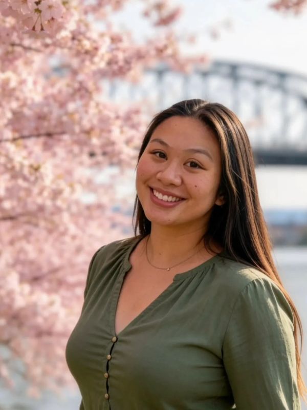 Young woman smiling by cherry blossoms.