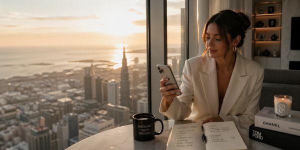 Woman in white blazer using phone with cityscape sunset view.