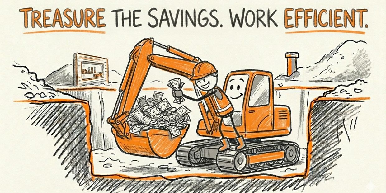 Cartoon excavator digs up money with the phrase emphasizing efficient savings.
