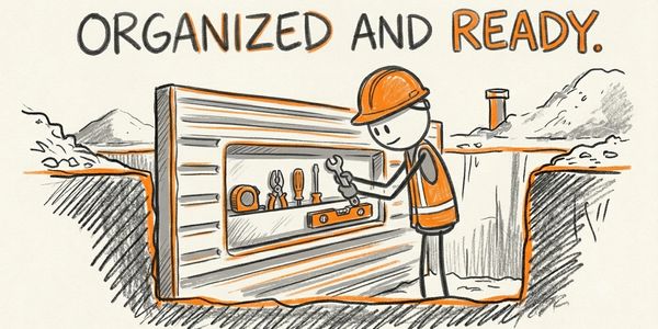 Stick figure construction worker organized with tools, ready to work.