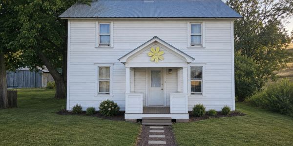 White house with a yellow flower decoration on the porch.