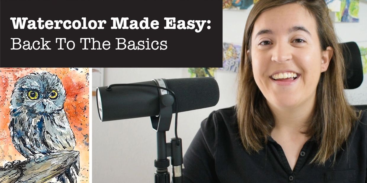 Woman hosting watercolor basics tutorial with owl painting.